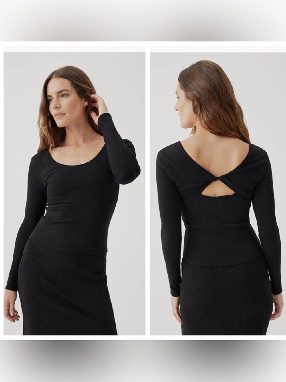 Pact Organic Refined Rib Long Sleeve Twist Back Top scoop neck Black 6 8 M